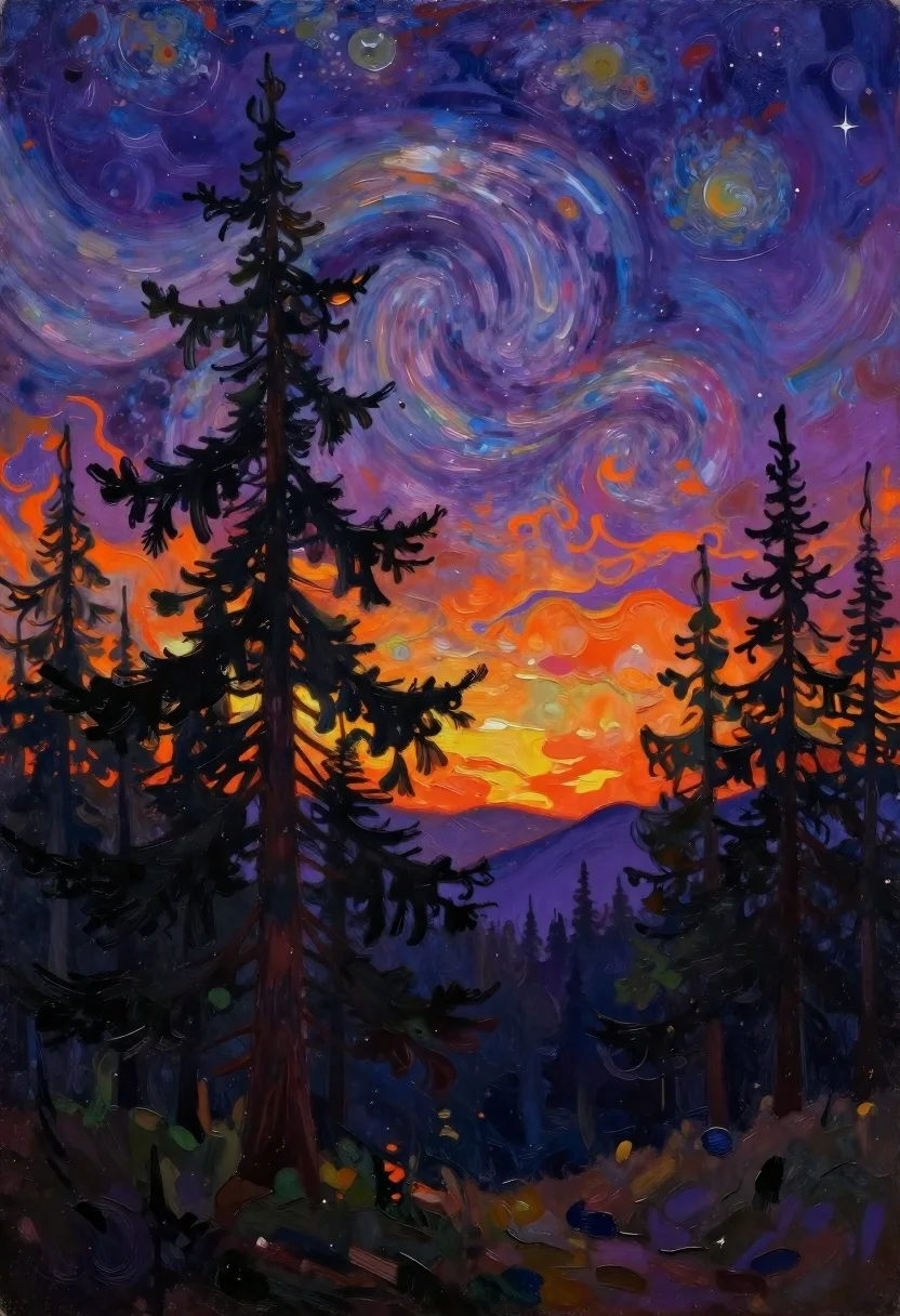 Oil painting of mystical forest under cosmic sky