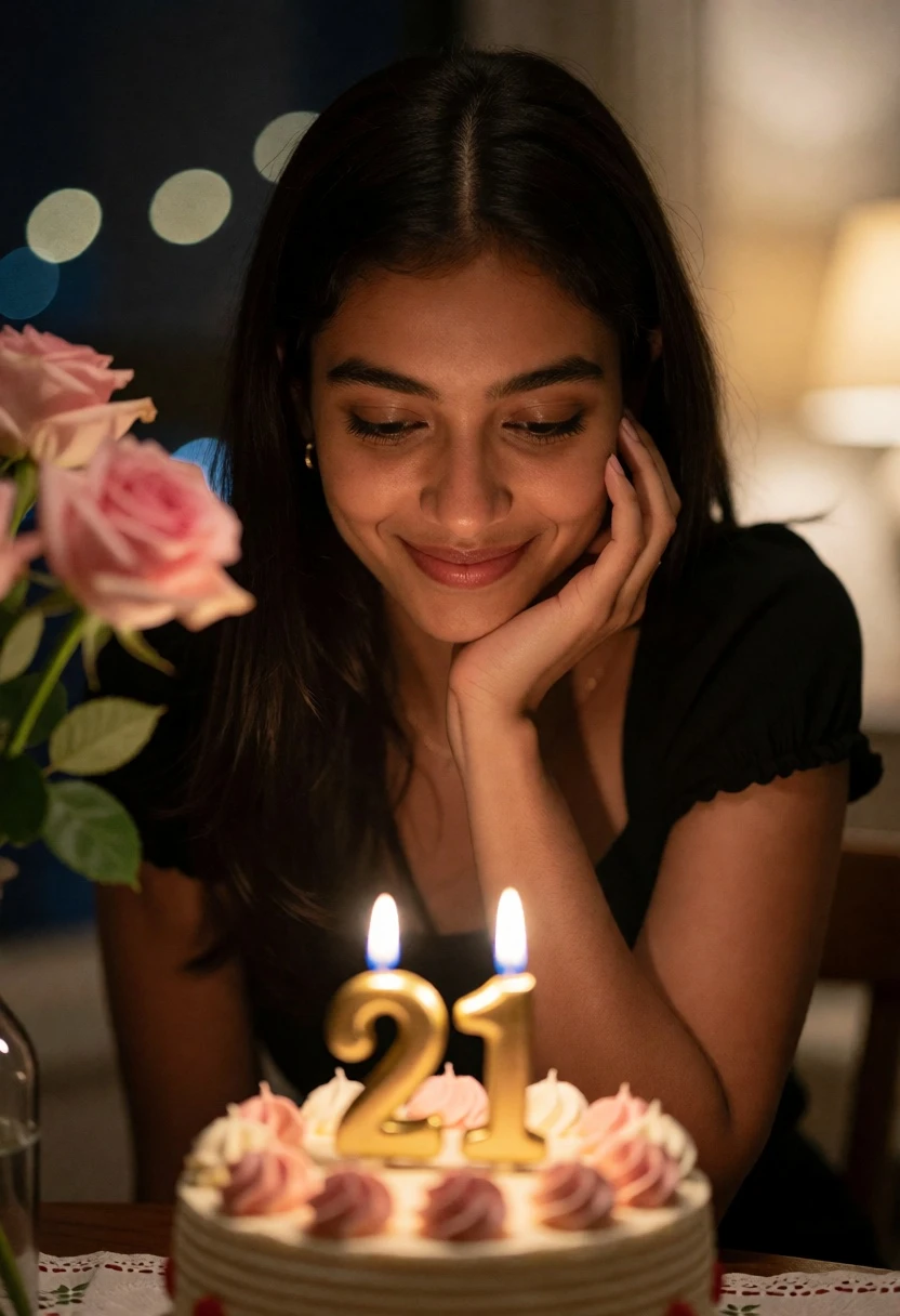 Young woman smiling at birthday cake with pink roses indoors at night - AI generated image prompt sample