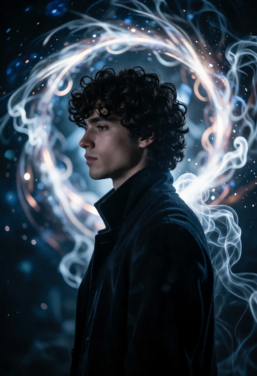 Young man in dark coat against swirling cosmic vortex of light - AI generated image prompt sample