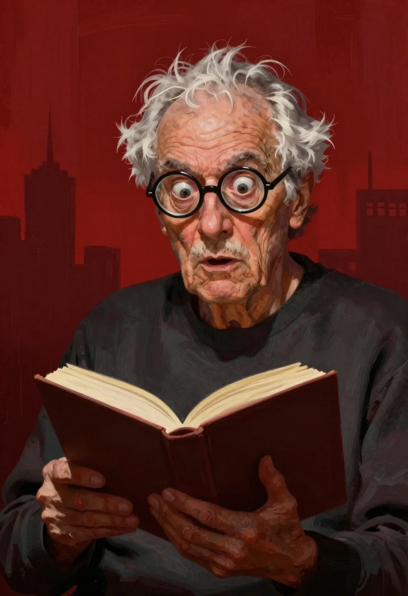 Elderly man reading book against abstract red background