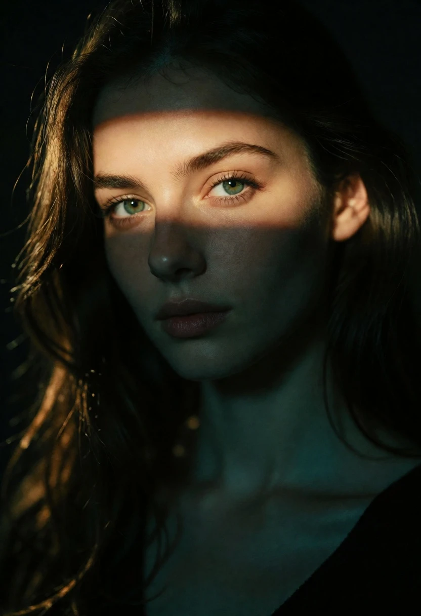Extreme close up portrait of fair woman with dark hair under dramatic - AI generated image prompt sample