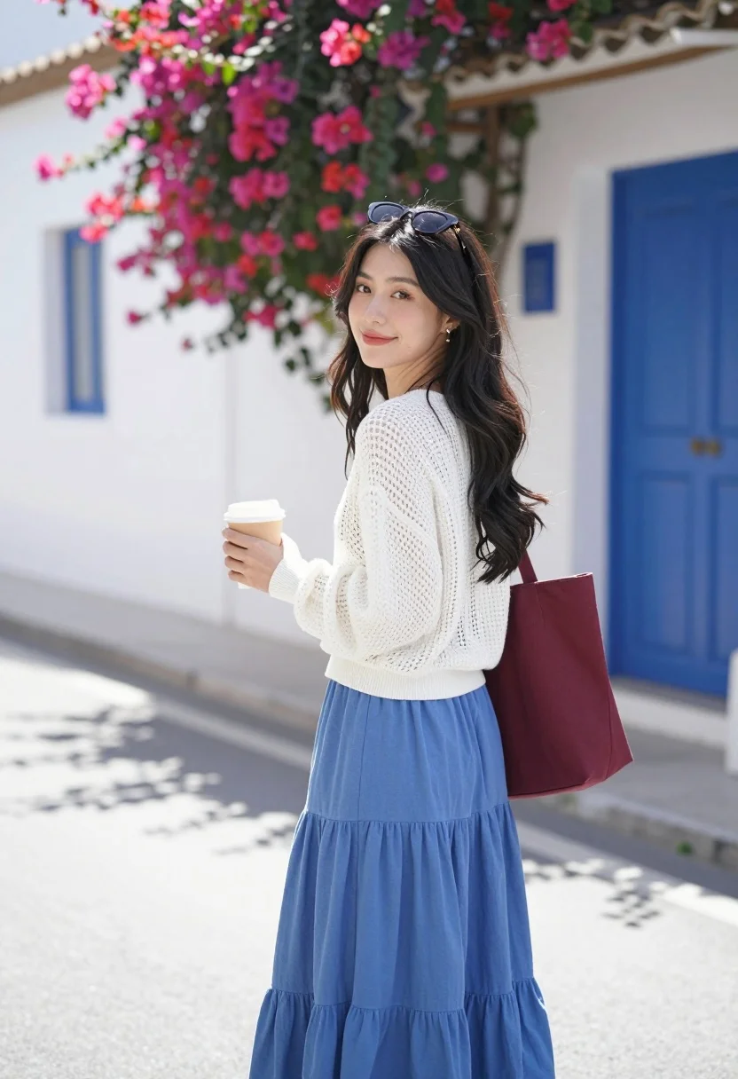 Smiling woman in white sweater on sunny street with pink flowers - AI generated image prompt sample