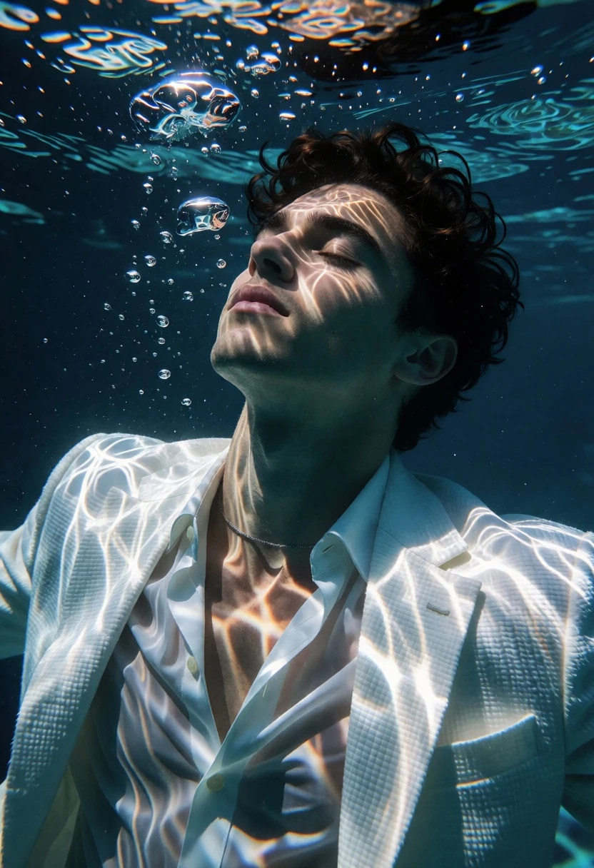 Man floating peacefully underwater with sunlight caustics on his face - AI generated image prompt sample