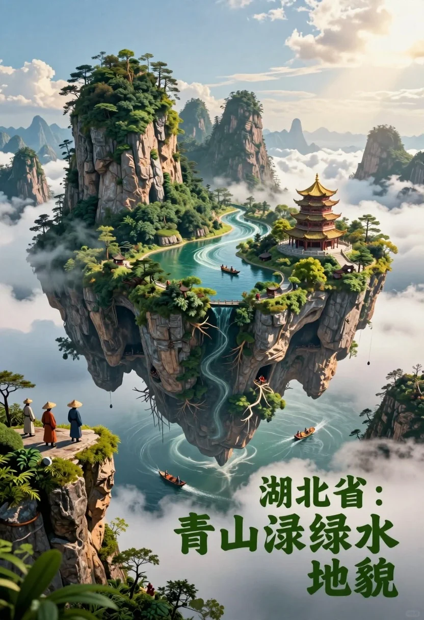 Majestic floating island landscape with pagoda rivers and misty clouds - AI generated image prompt sample