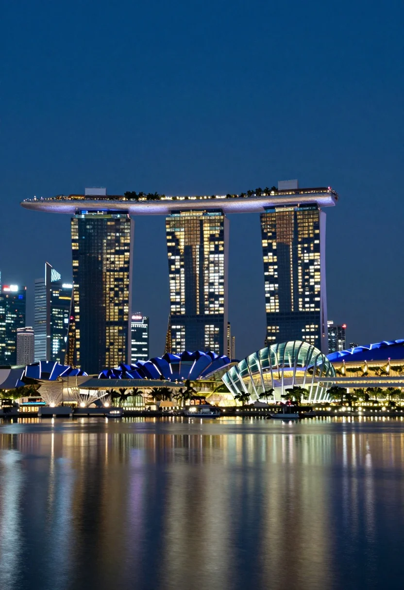 Wide angle view of singapore skyline reflecting lights at marina bay sands - AI generated image prompt sample
