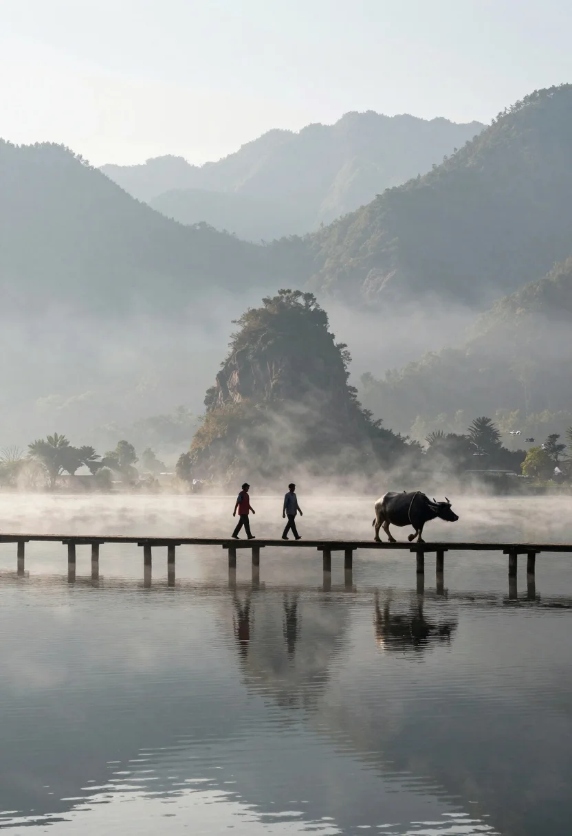 Two figures and buffalo walking across wooden pier over misty lake mountains - AI generated image prompt sample