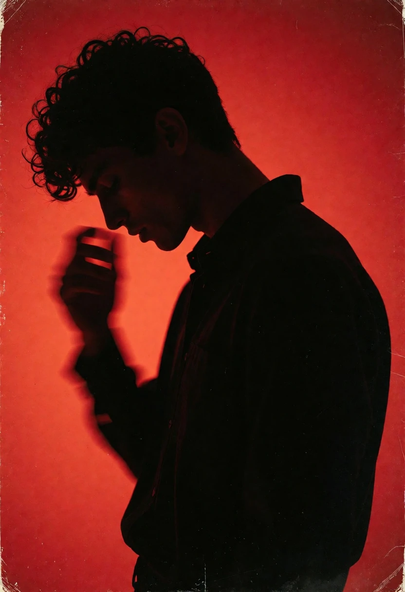 Dramatic dark silhouette profile against vivid red backdrop with motion blur - AI generated image prompt sample