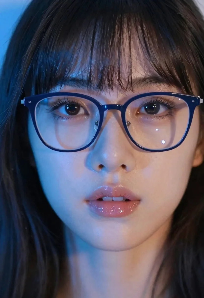 Close up portrait of woman with blue glasses - AI generated image prompt sample