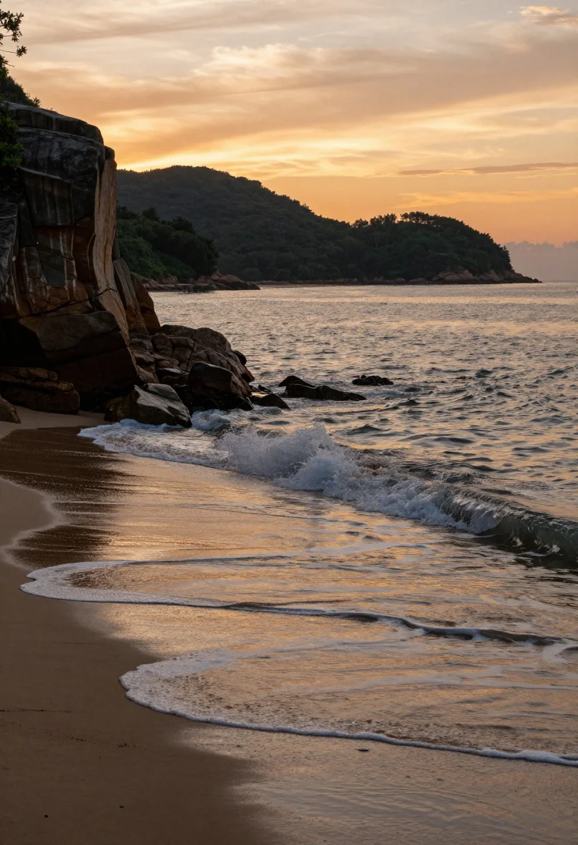 Serene coastal landscape at sunset with gentle waves washing over wet sand - AI generated image prompt sample