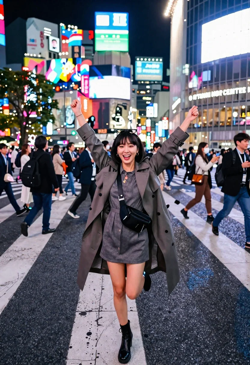 Exhilarated tourist woman at shibuya crossing under neon nightfall