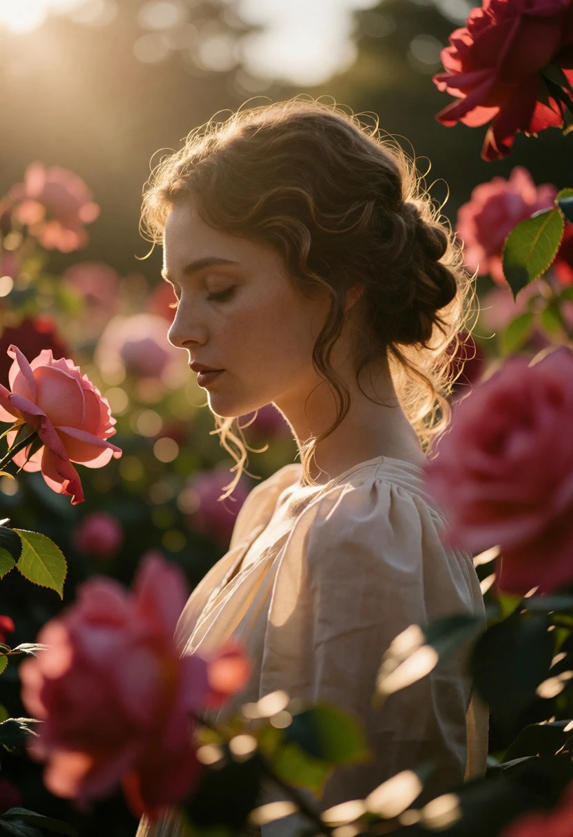 Profile portrait of woman in dense rose garden with hazy sunlight - AI generated image prompt sample