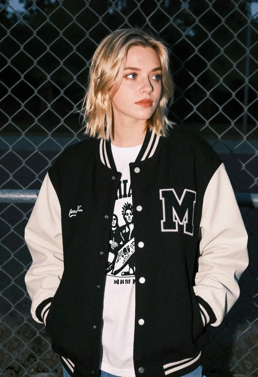 Young blonde woman in varsity jacket standing near chain link fence - AI generated image prompt sample