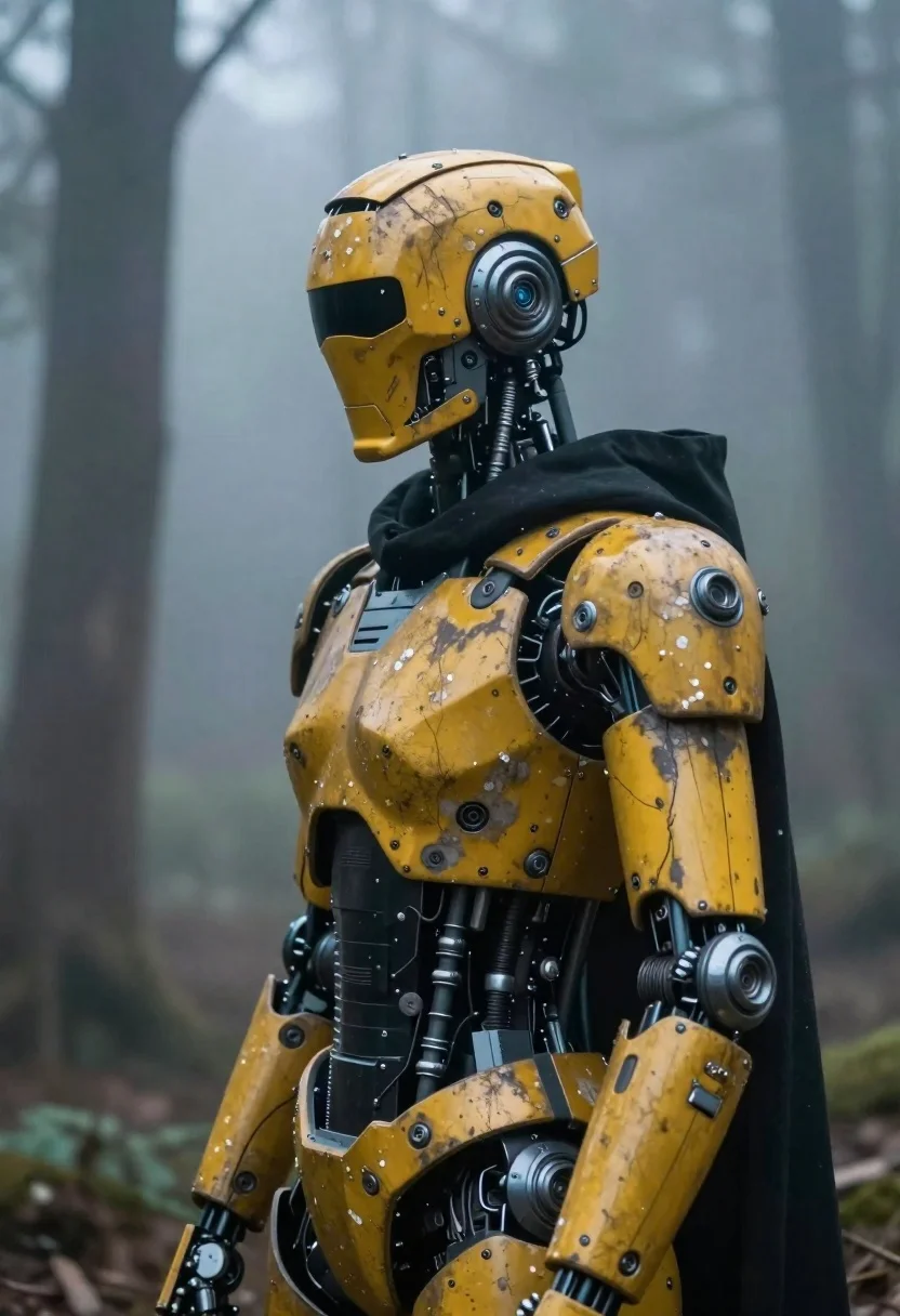 Cybernetic robot in a misty forest setting - AI generated image prompt sample