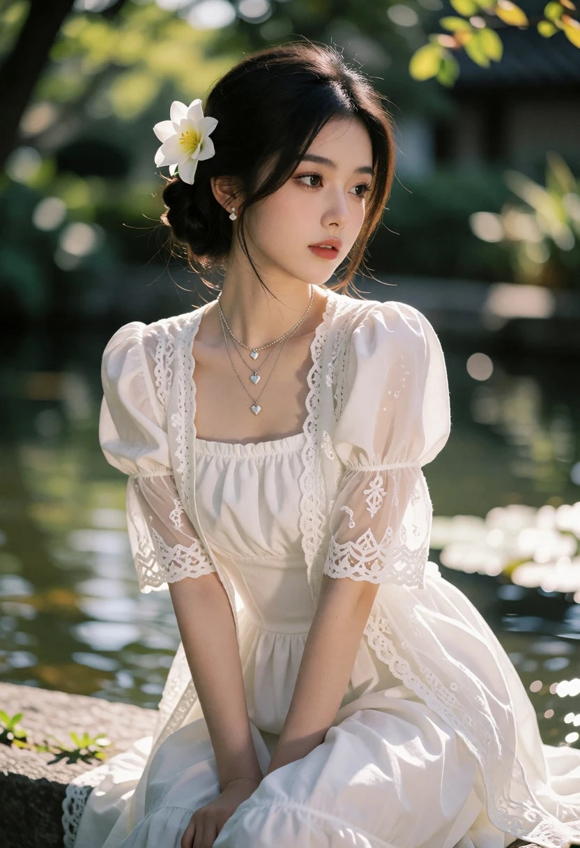 Young woman in white dress seated near water with floral accents - AI generated image prompt sample