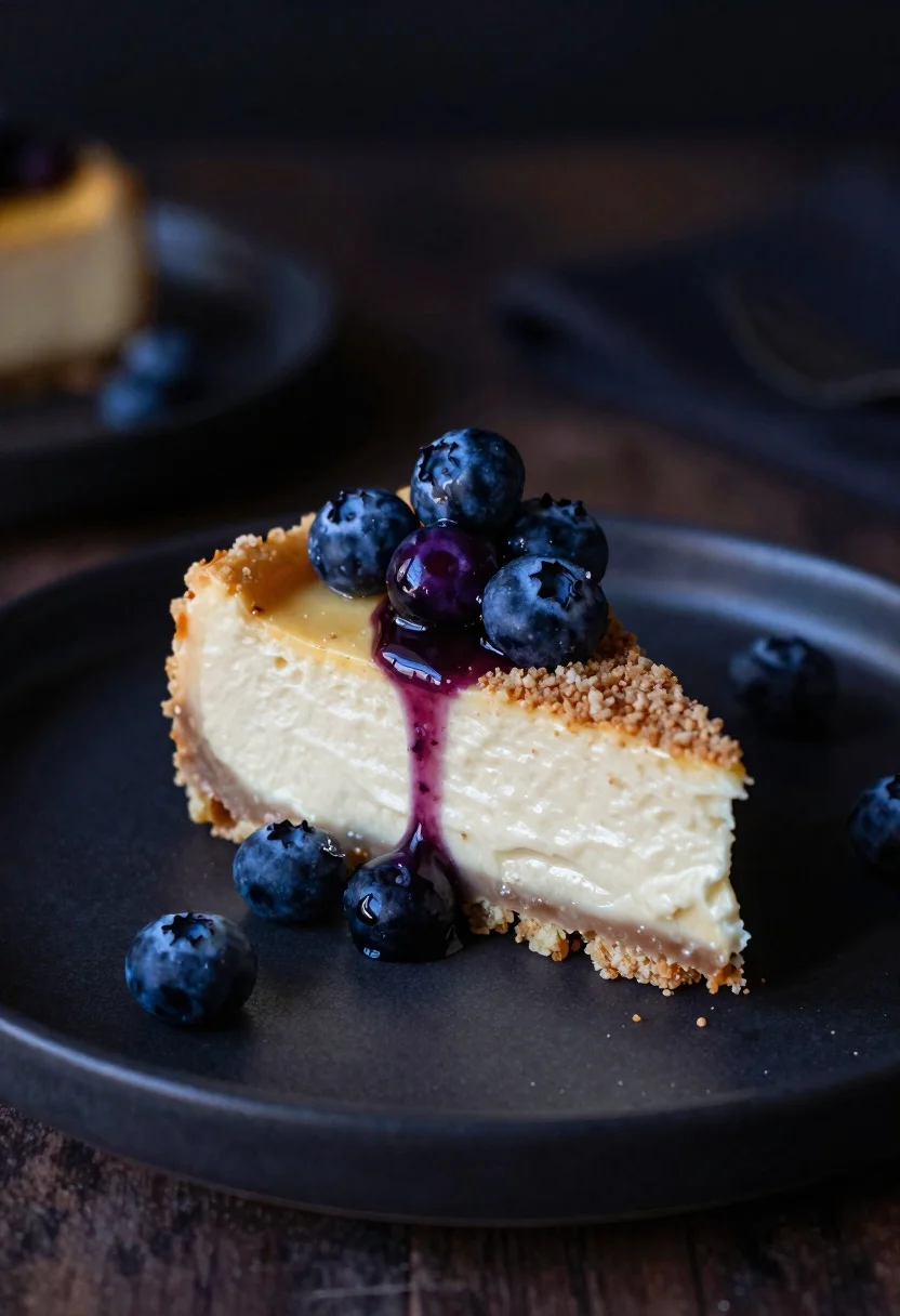 Slice of cheesecake with blueberries and berry sauce