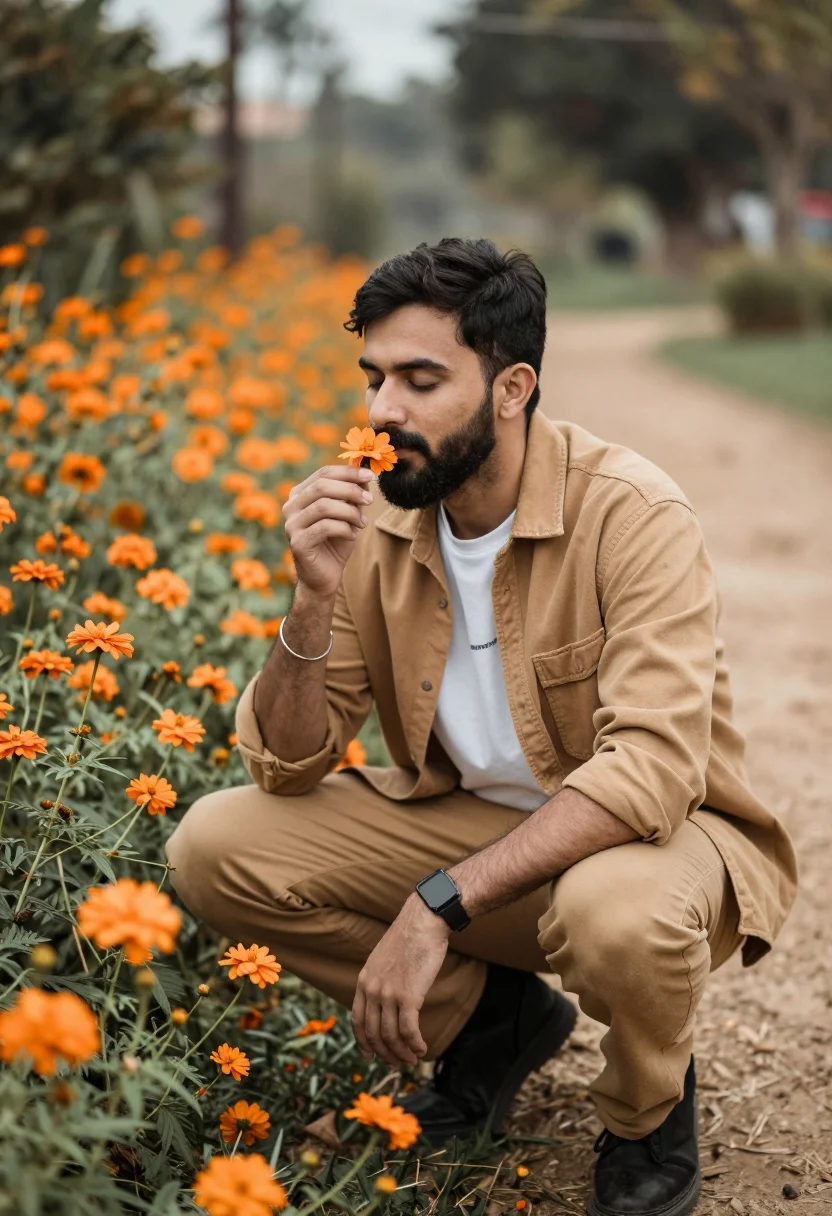 Man crouching in orange flower field smelling bloom with vintage aesthetic - AI generated image prompt sample