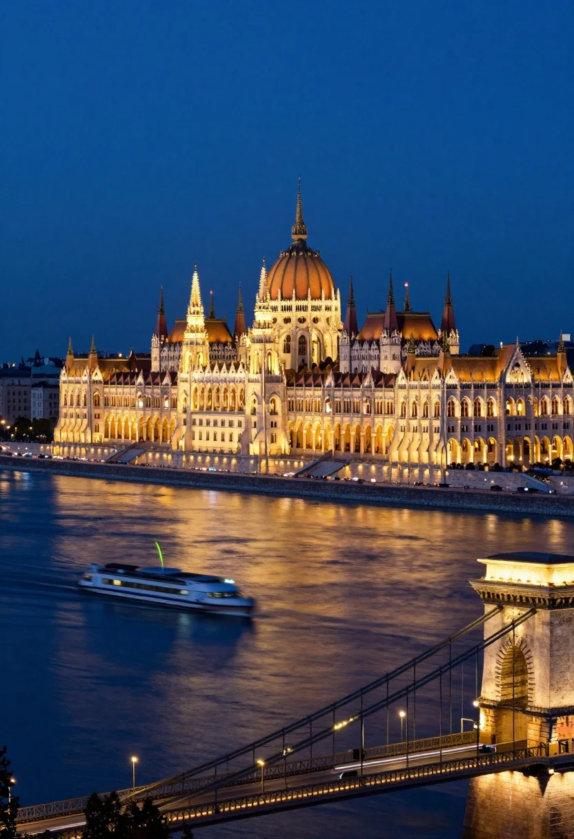 Majestic view of hungarian parliament building at night over a wide river - AI generated image prompt sample