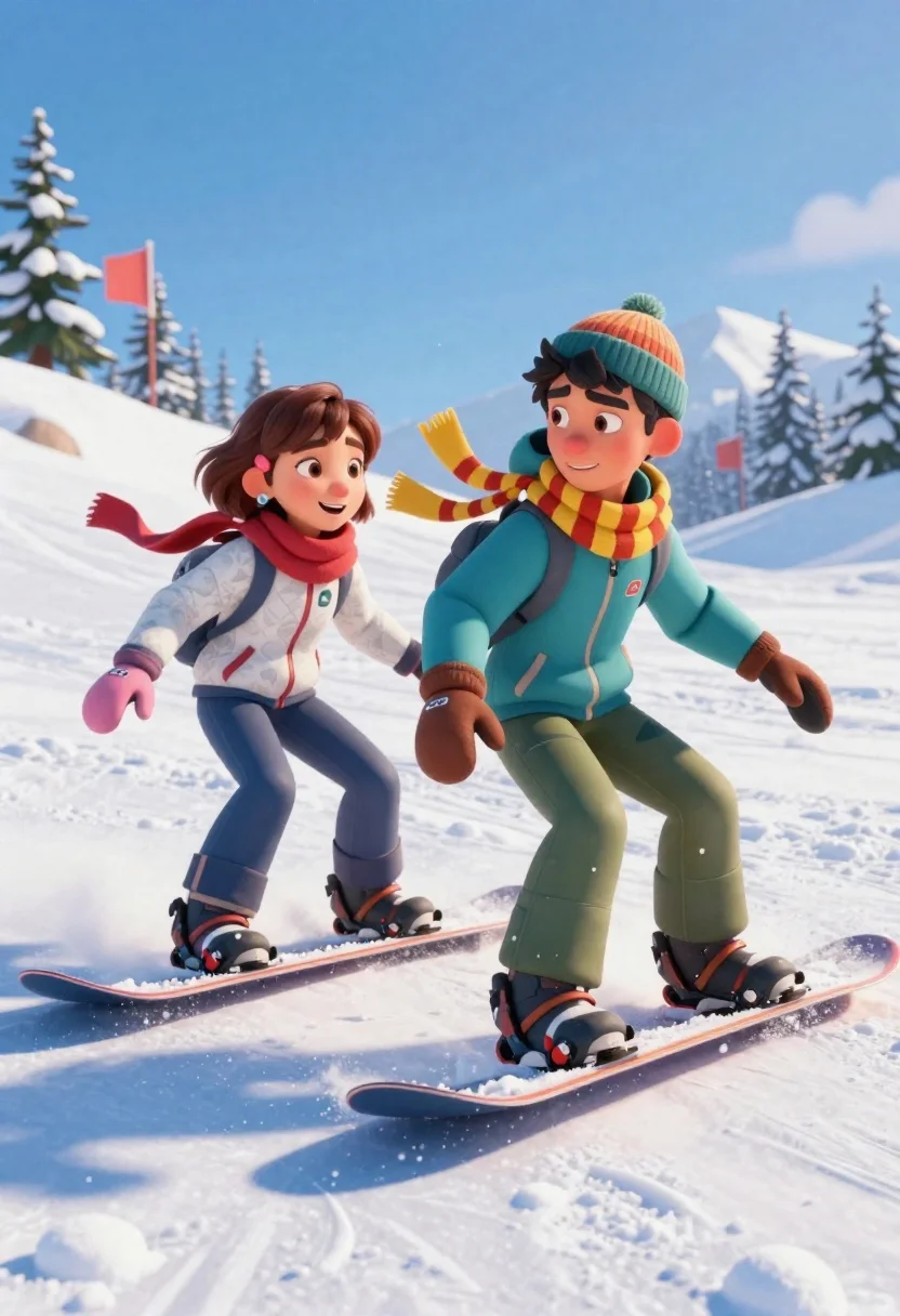 Two animated teenagers snowboarding side by side on a bright sunny day - AI generated image prompt sample
