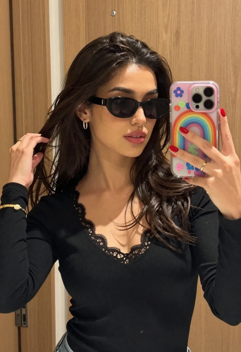 Close up mirror selfie of young woman with dark wavy hair