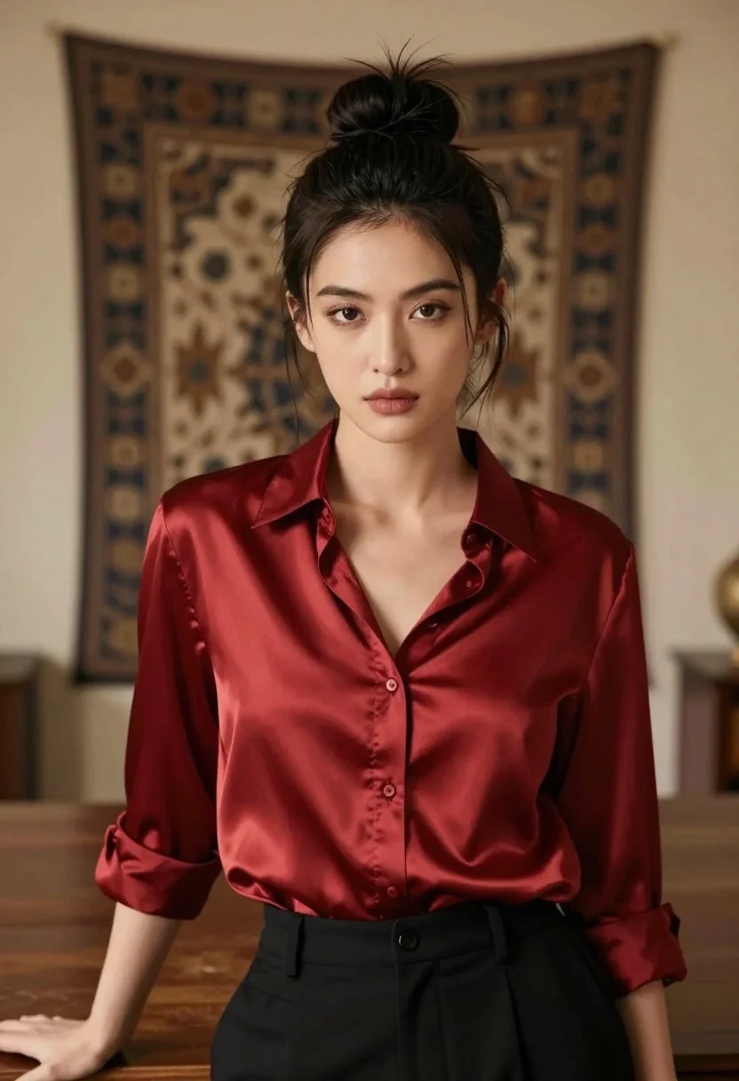 Medium close up portrait of woman in red satin shirt indoors - AI generated image prompt sample