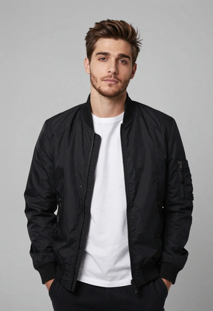 Young man standing wearing black bomber jacket and white tshirt