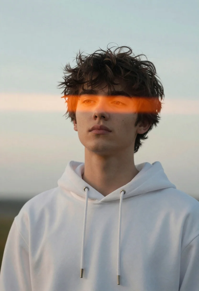 Close up portrait of young man in white hoodie against hazy sky - AI generated image prompt sample