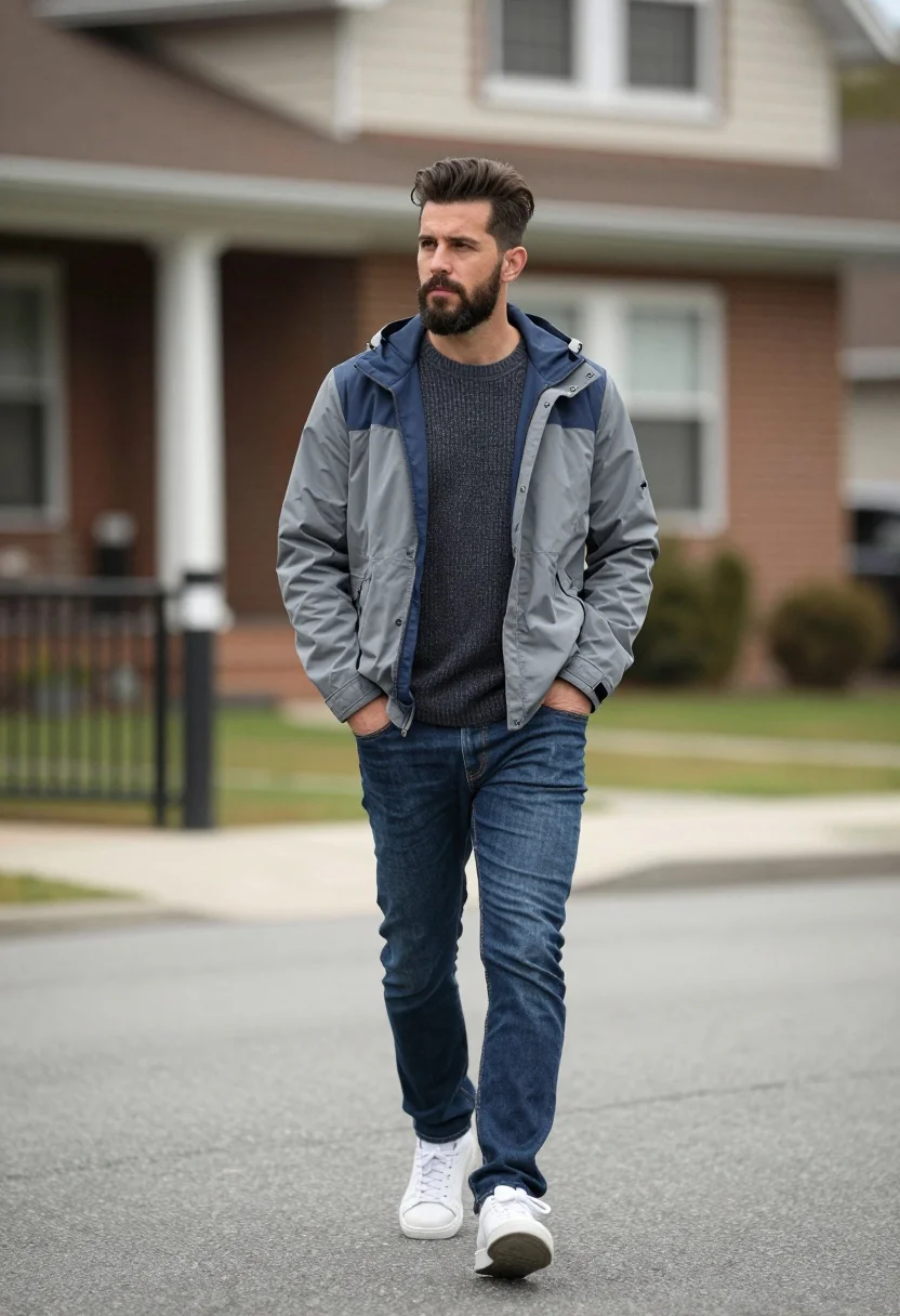 Man walking down paved street in hooded jacket against blurred residential buildings - AI generated image prompt sample