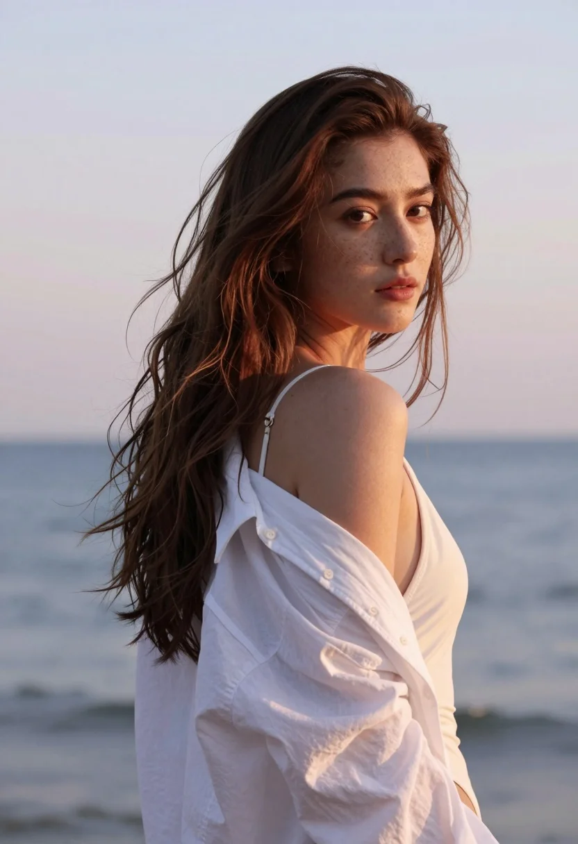 Fair skinned woman in white shirt by calm ocean horizon at sunset - AI generated image prompt sample