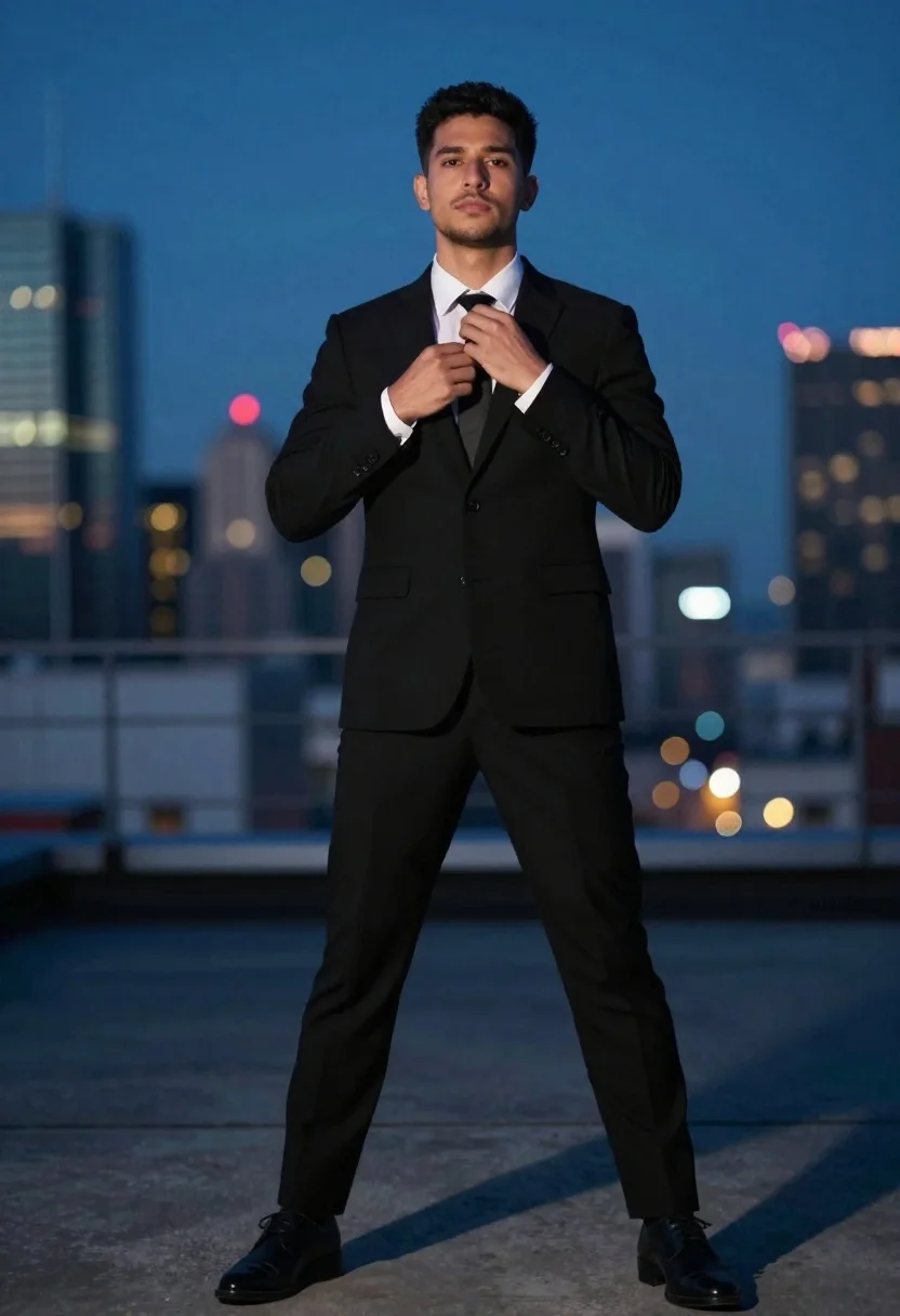Confident man in black suit adjusting tie on urban rooftop at night - AI generated image prompt sample