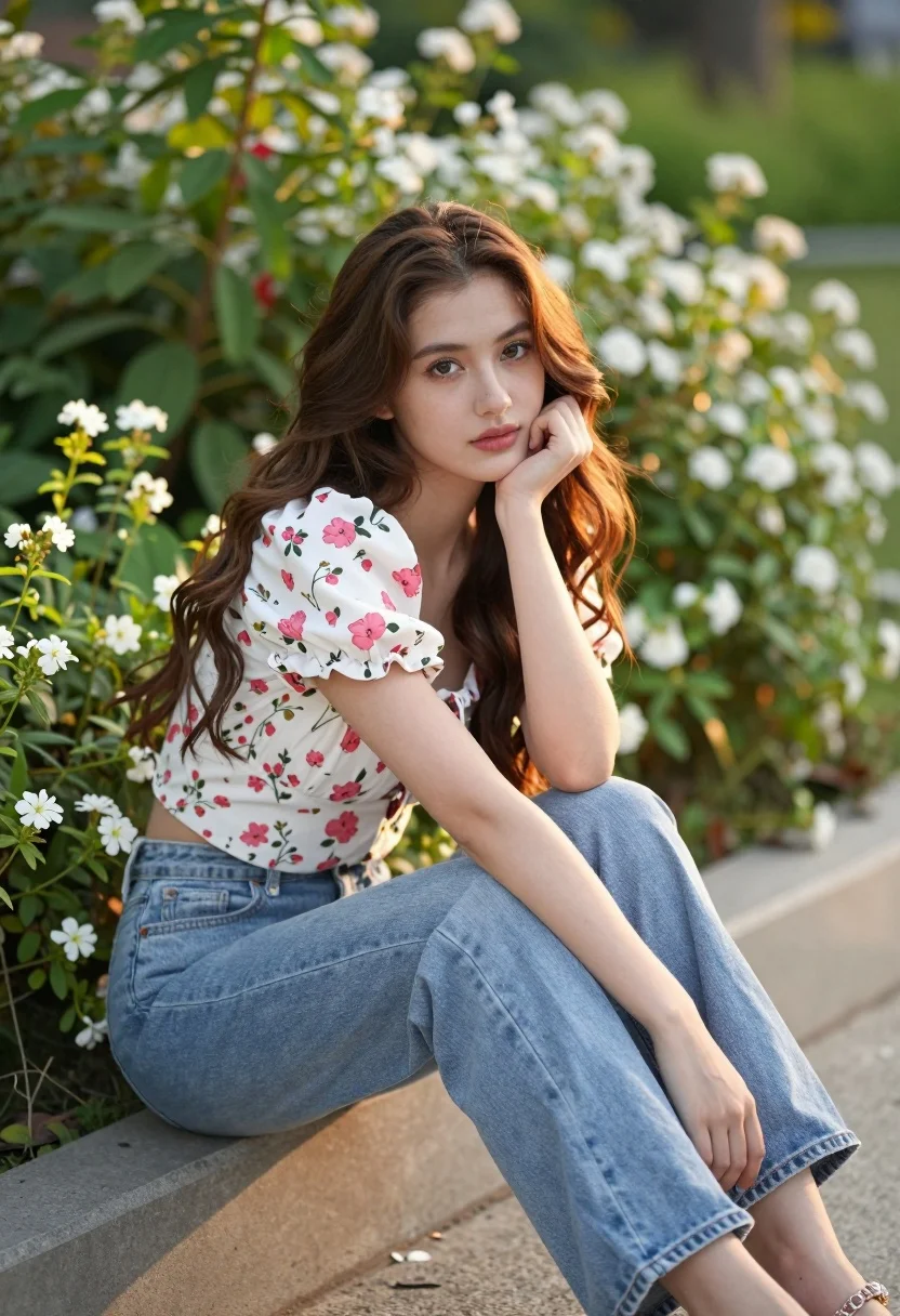 Young woman with brown hair sitting on concrete ledge in lush garden - AI generated image prompt sample