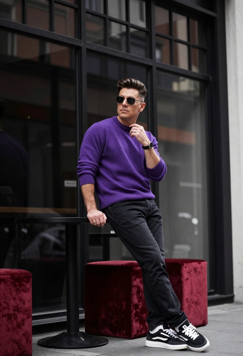 Man leaning on black table outside dark glass storefront urban setting - AI generated image prompt sample