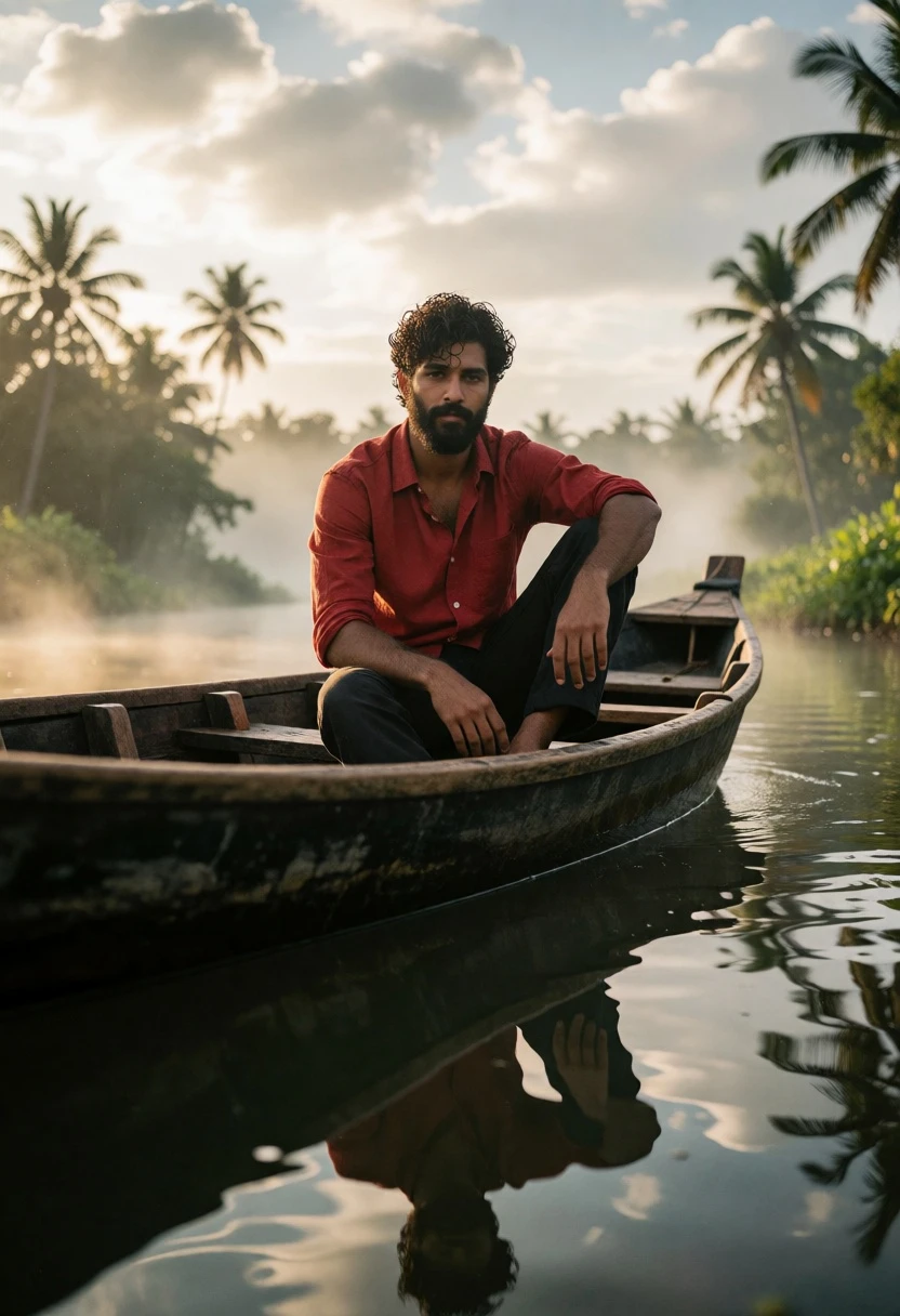 Young bearded man in red shirt sitting in wooden boat on misty - AI generated image prompt sample