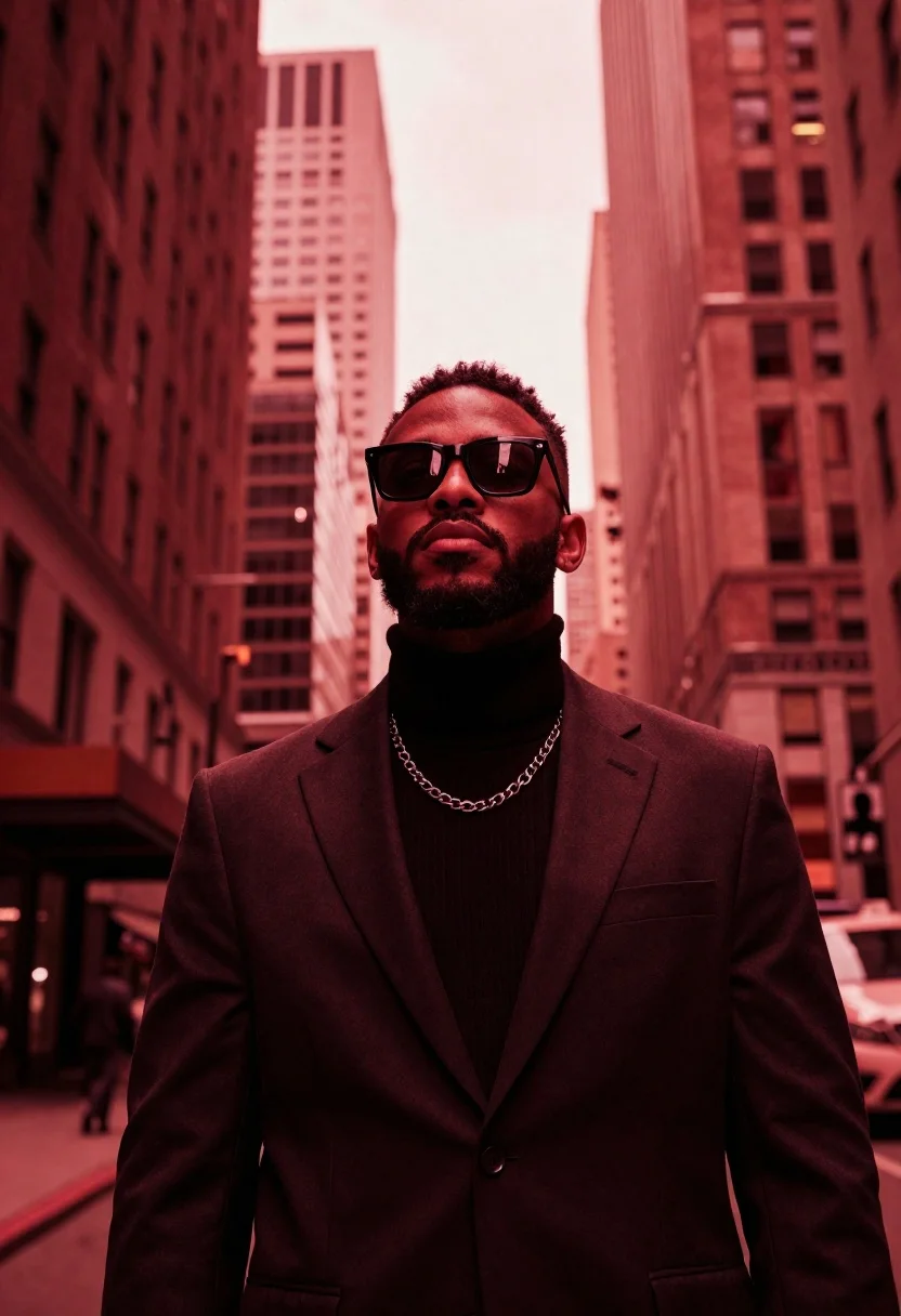 Stylish man in suit between towering skyscrapers