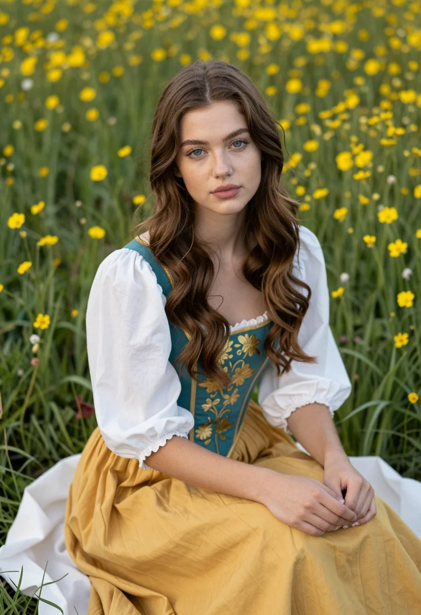 Young woman in floral dress sitting gracefully in a yellow wildflower meadow - AI generated image prompt sample
