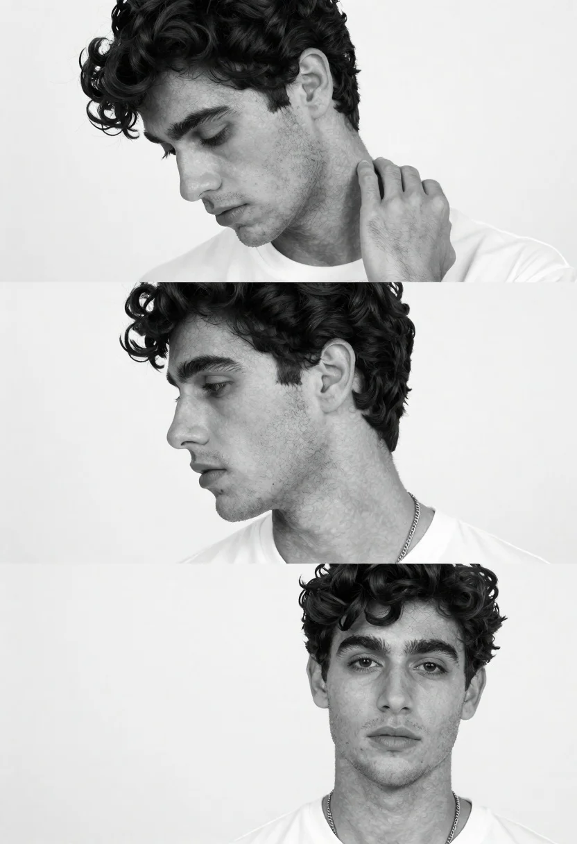 Black and white triptych portrait of young man in studio setting - AI generated image prompt sample
