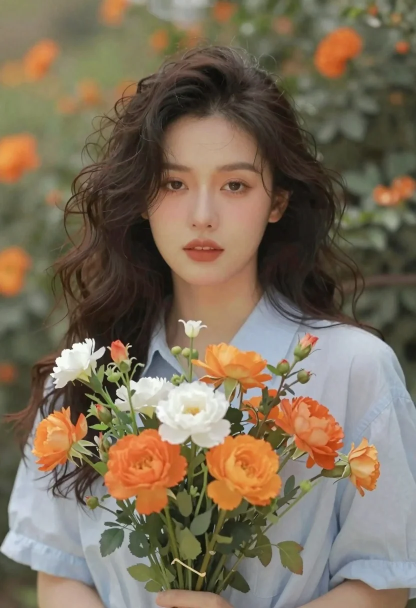 Portrait of woman with dark hair holding flowers - AI generated image prompt sample