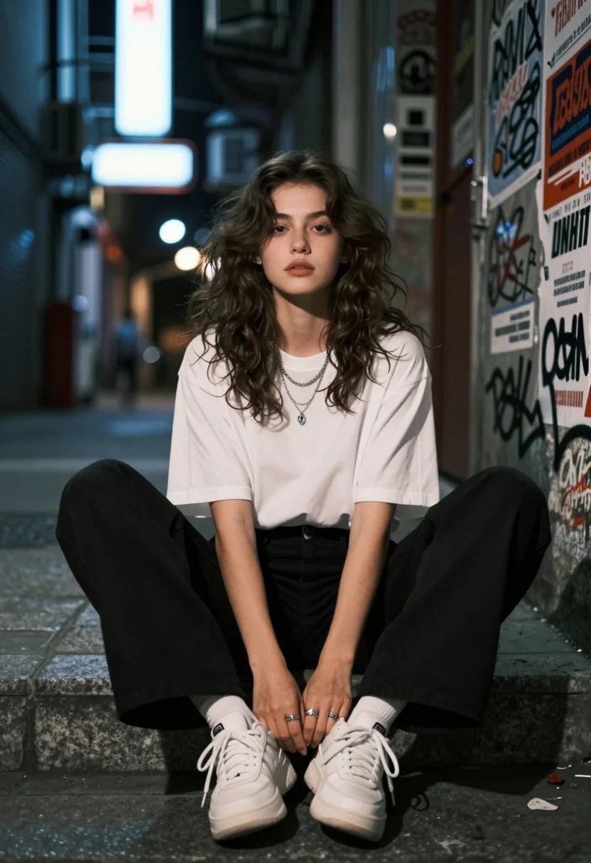 Young woman sitting on stone steps in a dimly lit urban alleyway - AI generated image prompt sample