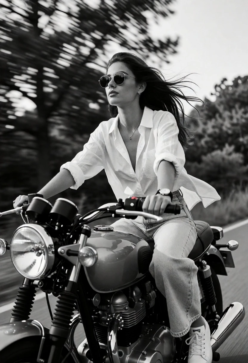 Young woman on classic motorcycle riding down a road with motion blur - AI generated image prompt sample