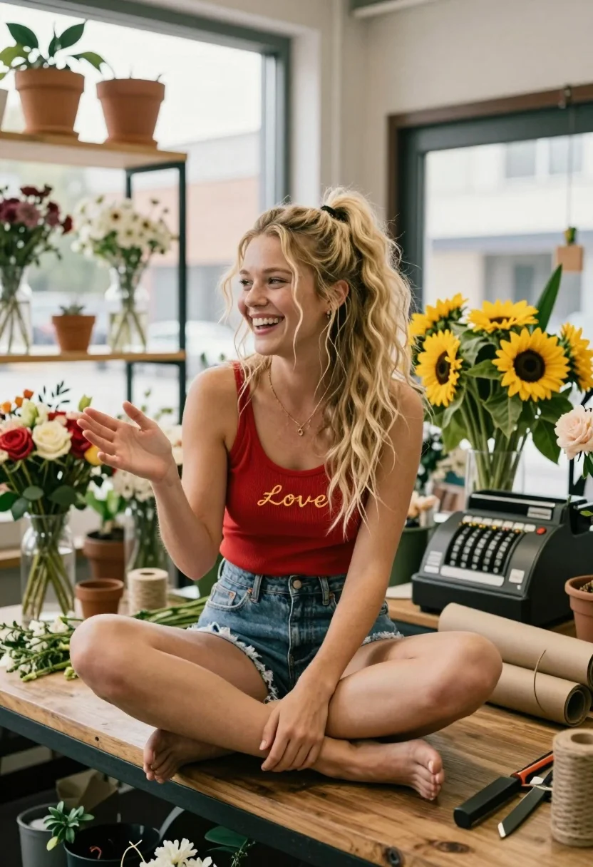 Smiling blonde woman sitting on wooden counter in bright flower shop - AI generated image prompt sample