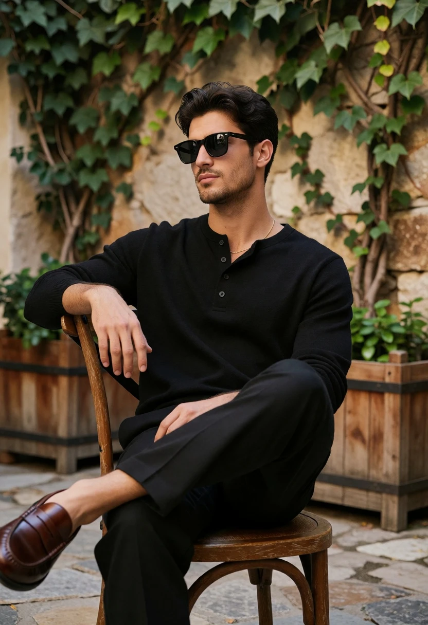 Handsome young man in black henley shirt sitting on wooden chair outdoors - AI generated image prompt sample