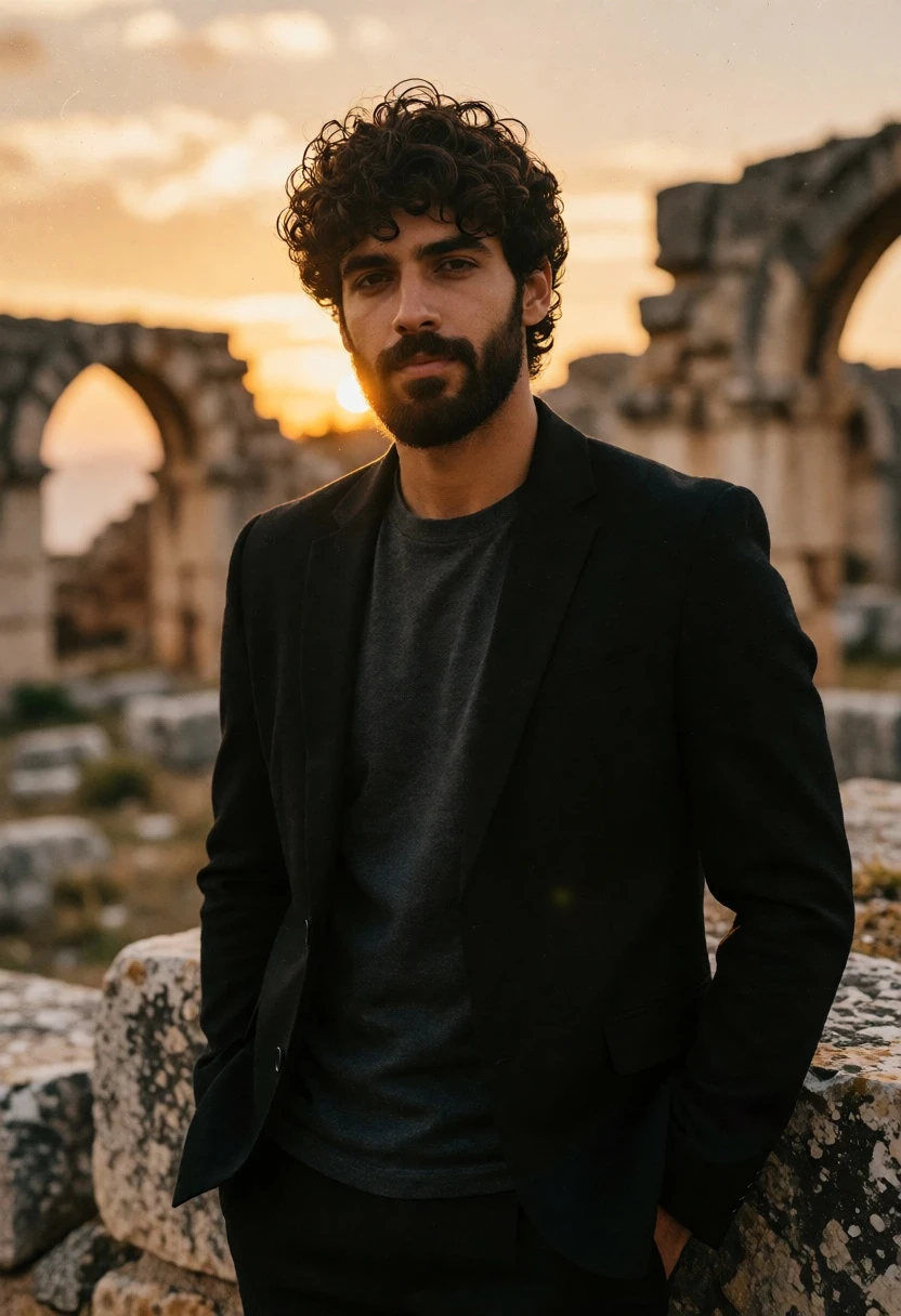 Man in black blazer standing in ancient stone ruins at golden sunset - AI generated image prompt sample