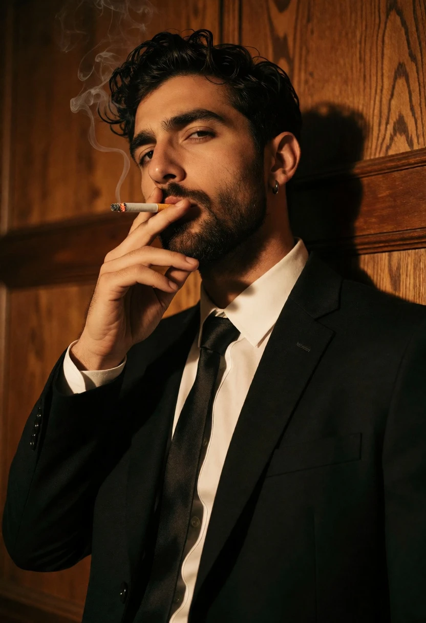 Man in black suit smoking cigarette against warm wooden paneling backdrop - AI generated image prompt sample