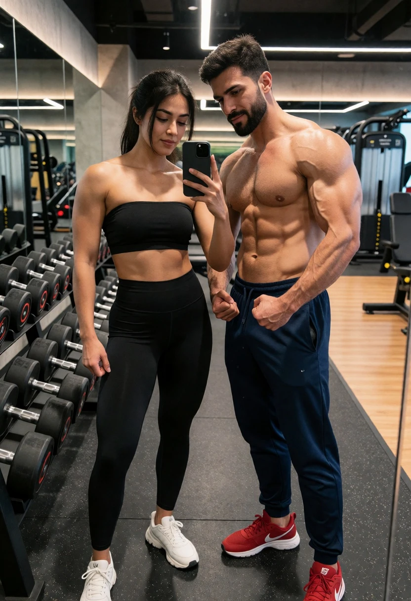 Fit couple mirror selfie in modern gym after intense workout session - AI generated image prompt sample