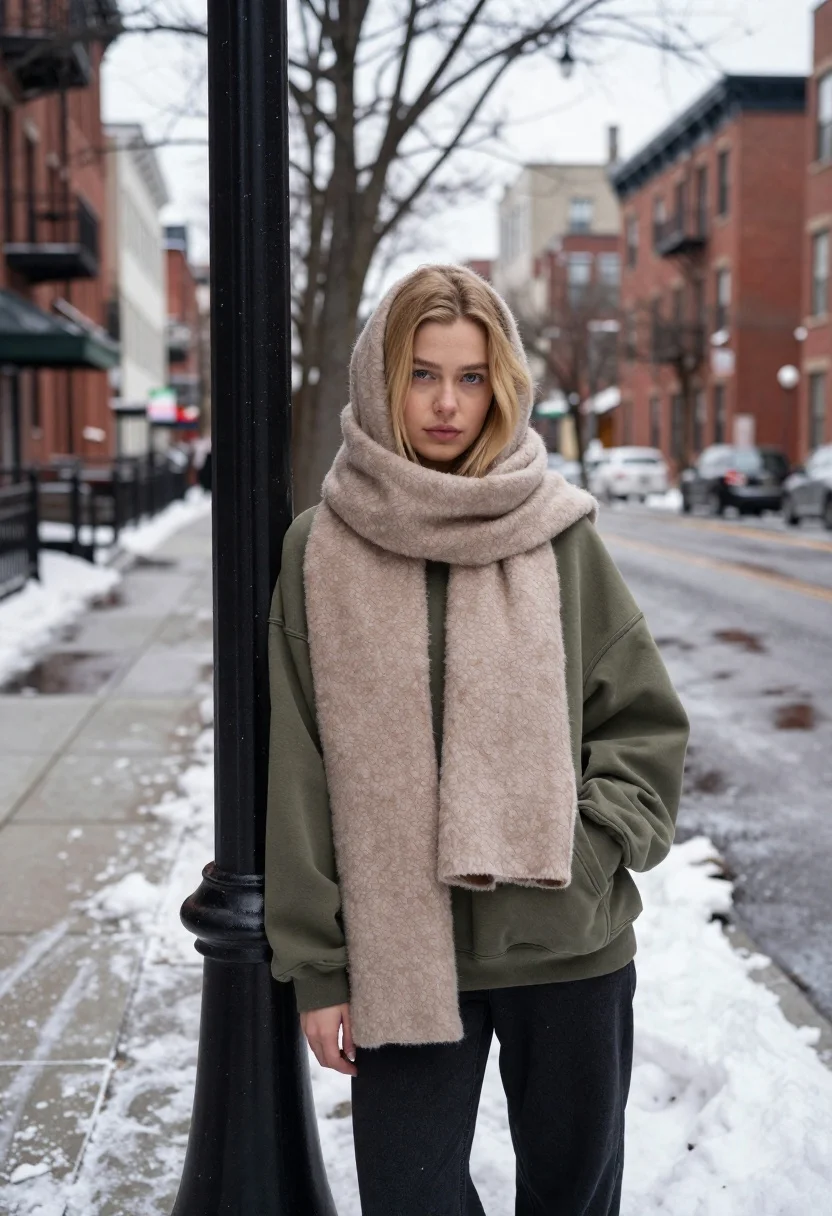 Young blonde woman in olive sweatshirt leaning on lamp post in snowy - AI generated image prompt sample