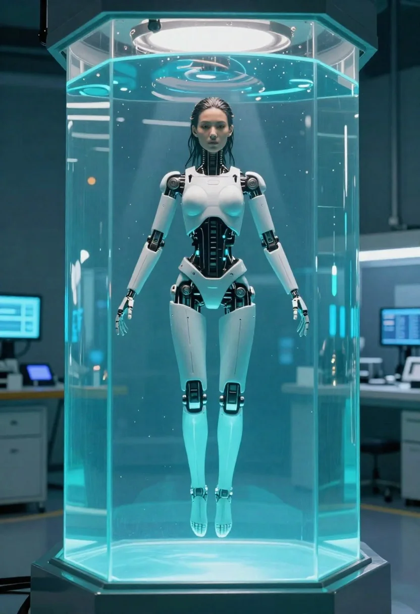 Android suspended in glowing cyan liquid laboratory setting