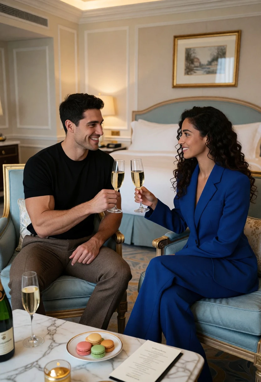 Couple sharing champagne conversation in an elegant hotel room setting - AI generated image prompt sample