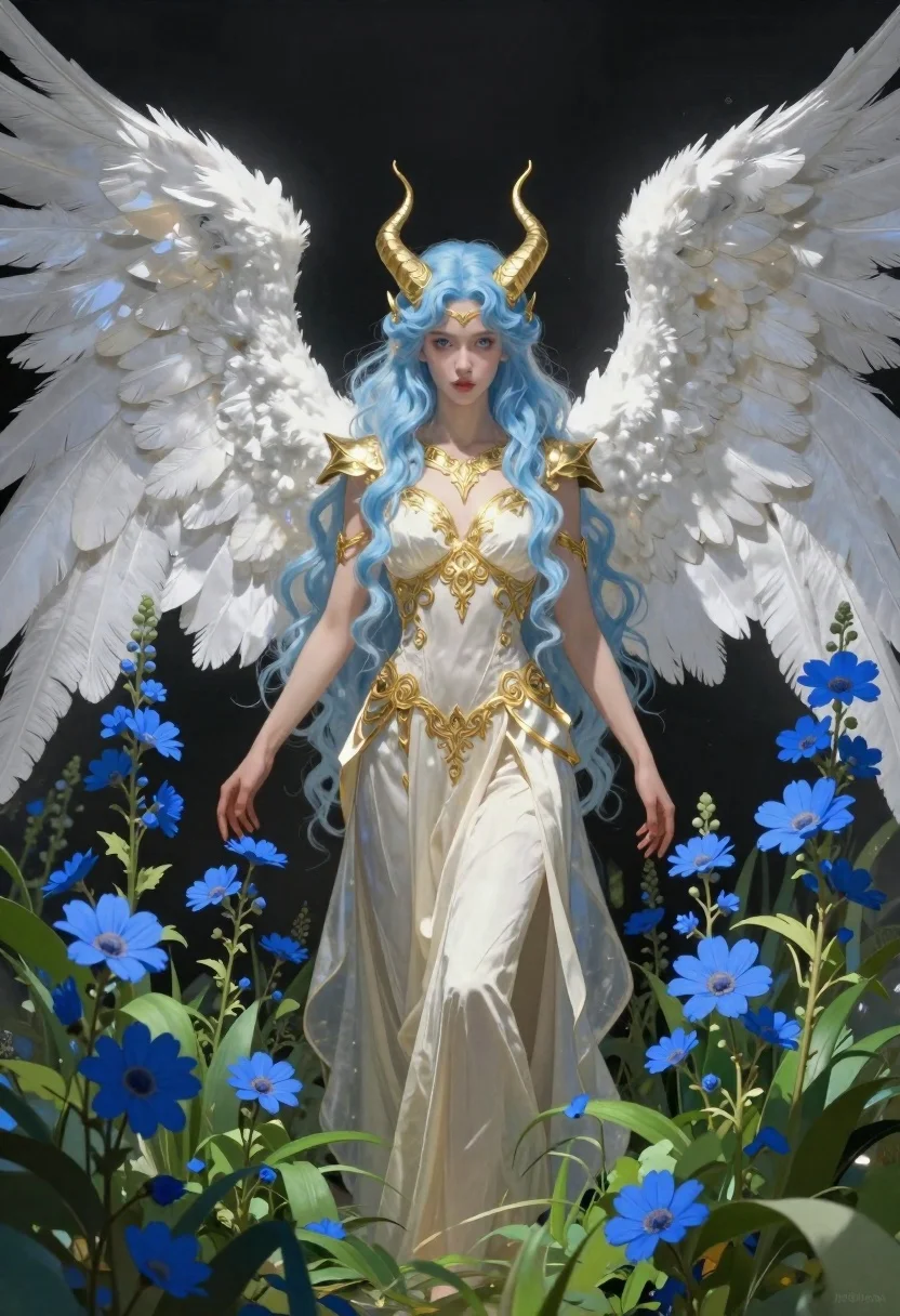Angelic figure in cream dress among blue flowers - AI generated image prompt sample