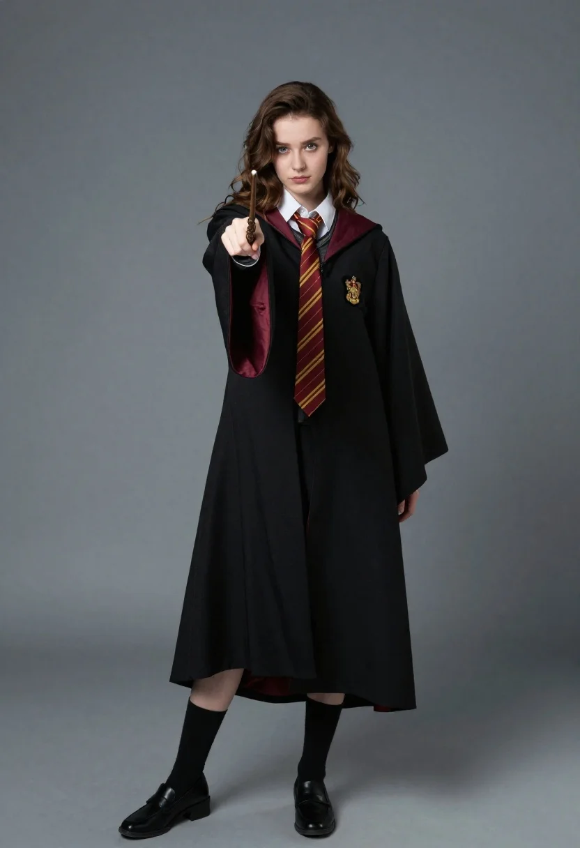 Young woman in magical robes holding wand against gray backdrop - AI generated image prompt sample