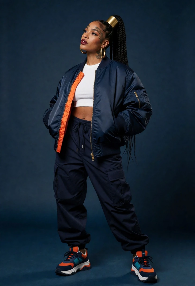Full length studio portrait of woman in navy bomber jacket and cargo - AI generated image prompt sample
