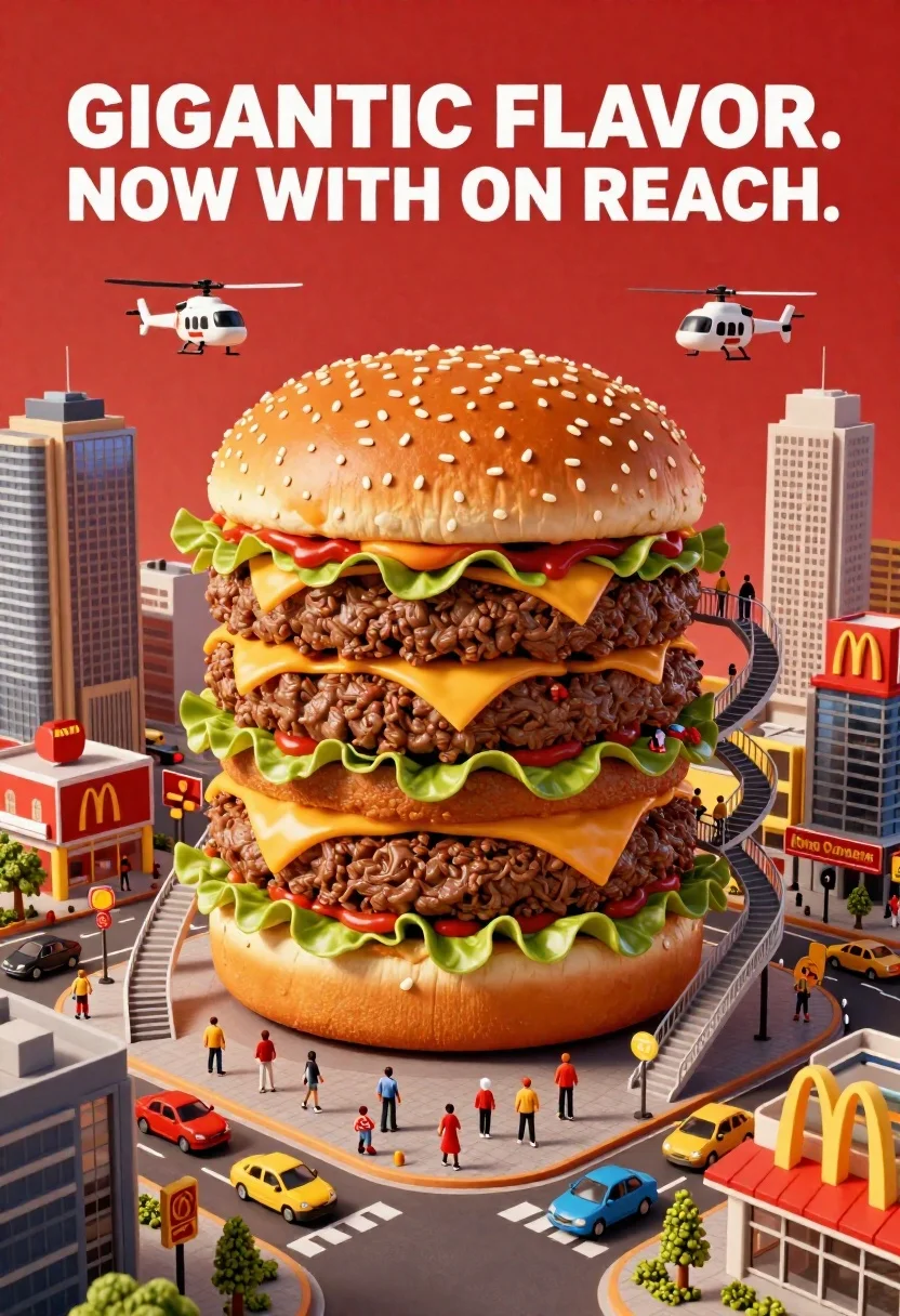 Surreal cityscape with colossal hamburger skyscraper and miniature people - AI generated image prompt sample
